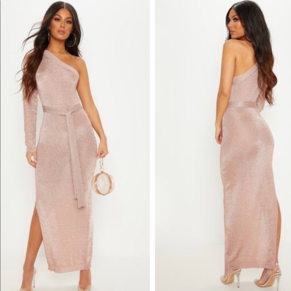 Rose Gold one shoulder metallic knitted dress